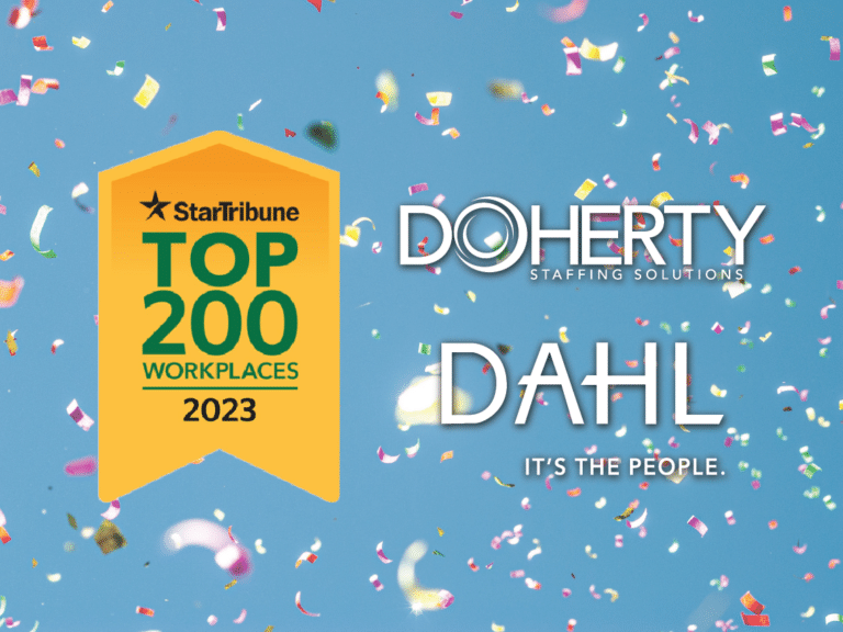 2023 Top Workplaces, Doherty Staffing Solutions, and Dahl Consulting logos on a blue background surrounded by confetti
