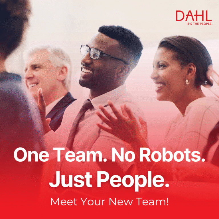 EOR/Procurement ad image - diverse group of professionals clapping with text "One Team. No robots. Just People. Meet Your New Team!" at the bottom with red overlay. DAHL logo in upper right corner.